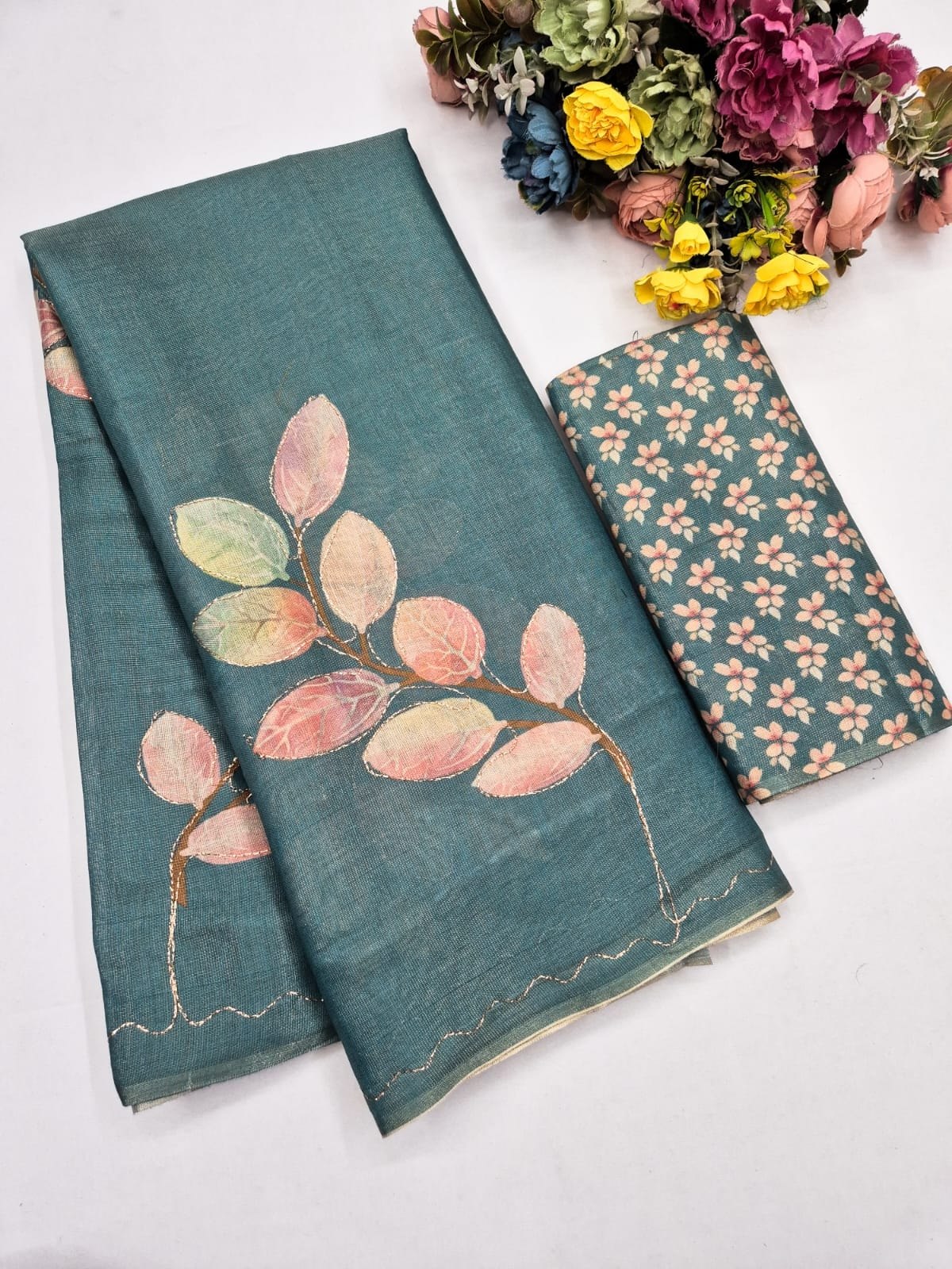 Teal Erode Zari Silk Aari Work Saree