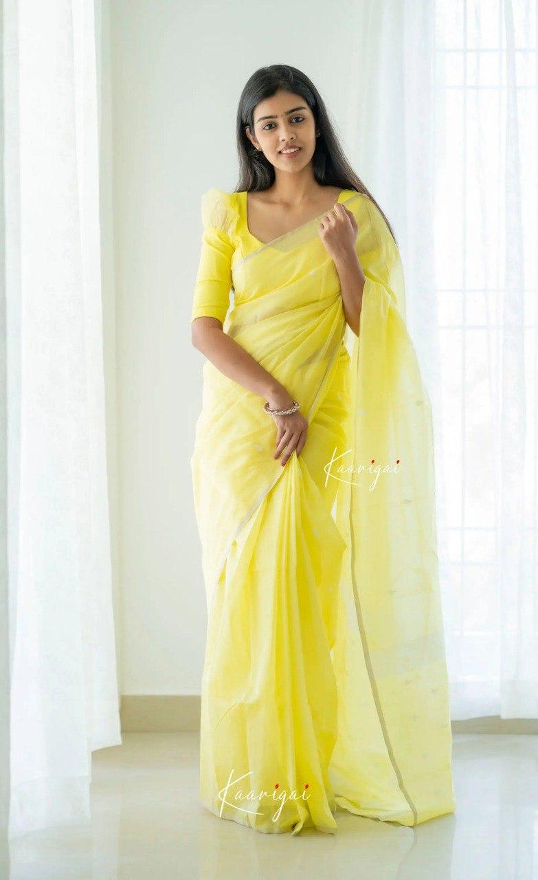 Light Yellow Soft Cotton Saree With Contrast Cream Border