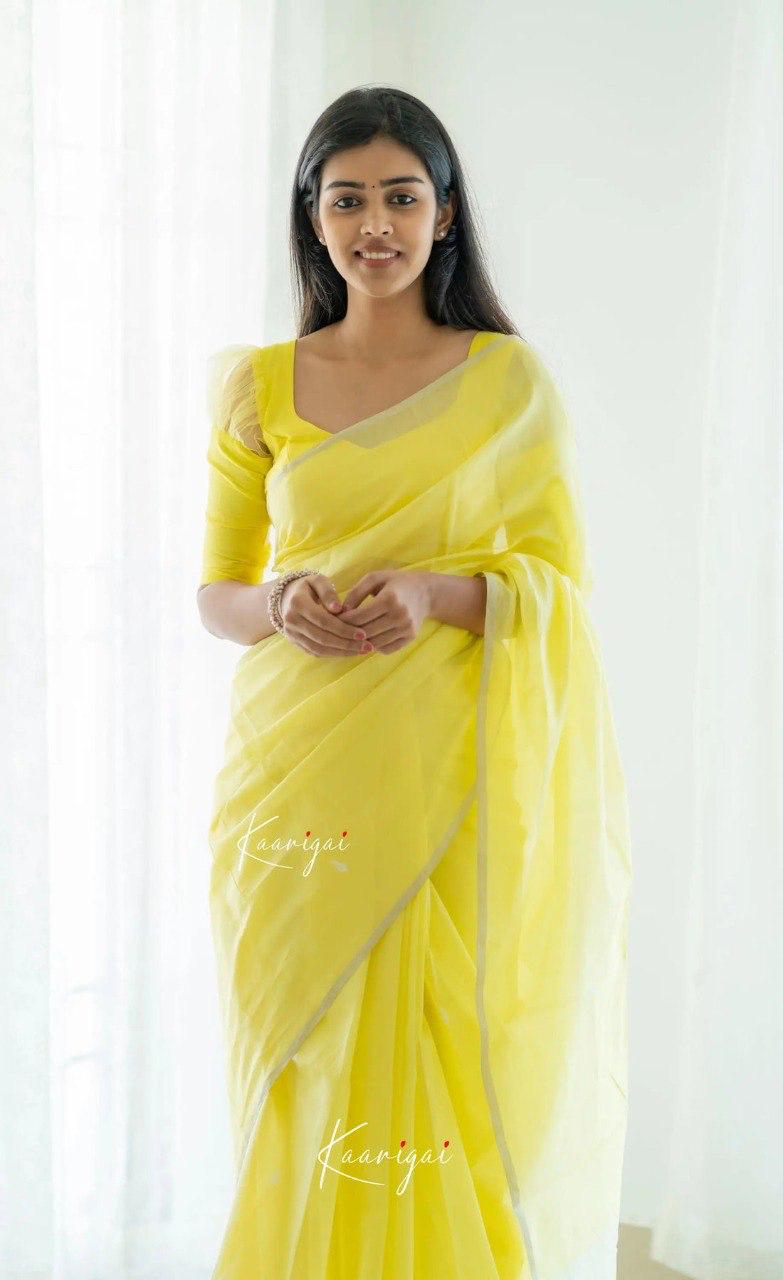Light Yellow Soft Cotton Saree With Contrast Cream Border