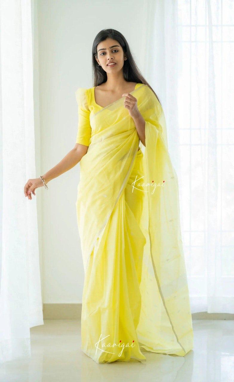 Light Yellow Soft Cotton Saree With Contrast Cream Border