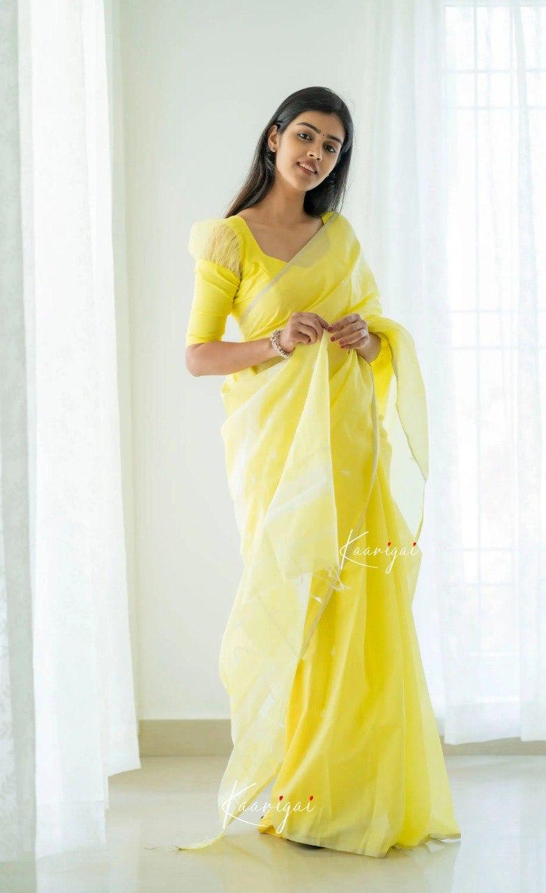Light Yellow Soft Cotton Saree With Contrast Cream Border