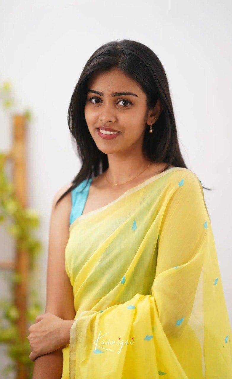 Bright Yellow Soft Cotton Saree With Contrast Sky Blue Border