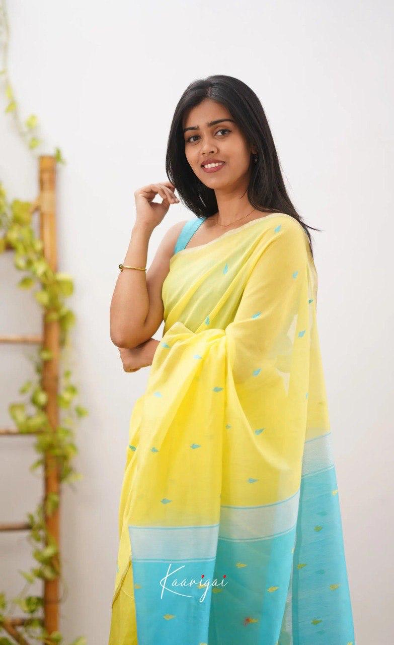 Bright Yellow Soft Cotton Saree With Contrast Sky Blue Border