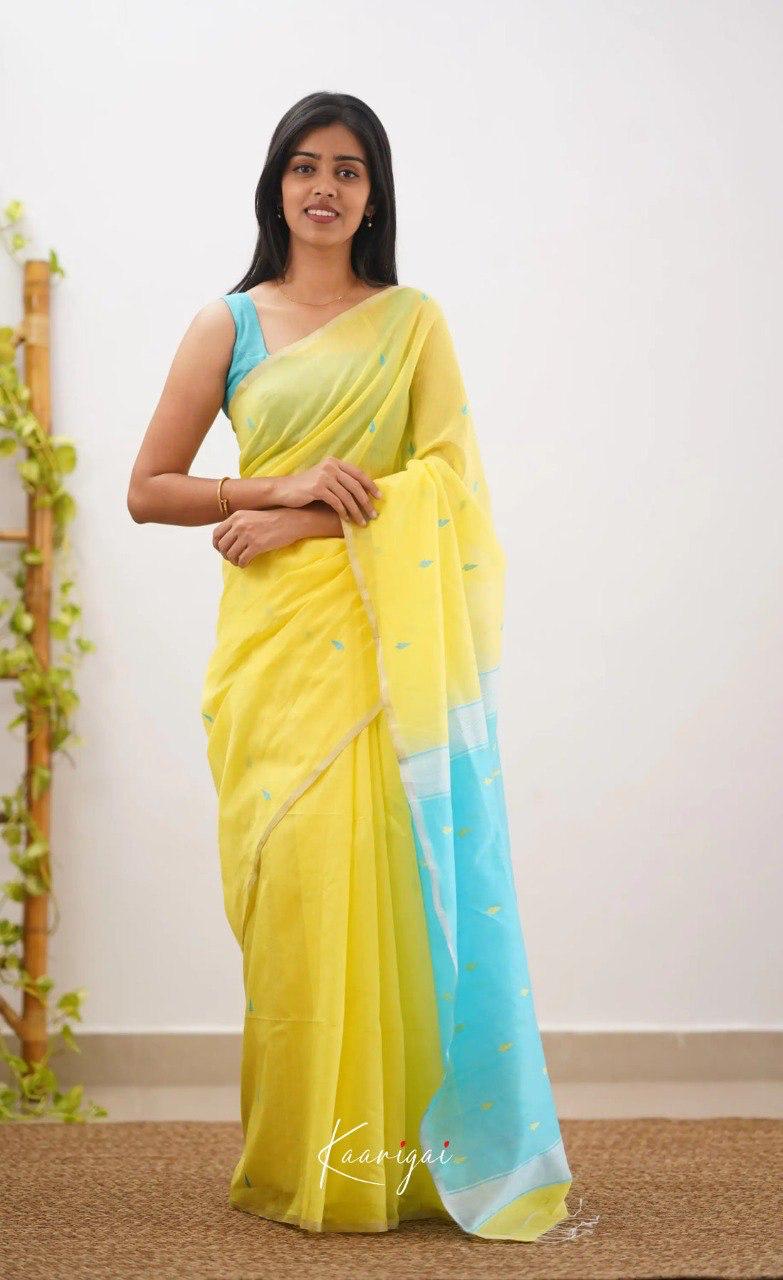 Bright Yellow Soft Cotton Saree With Contrast Sky Blue Border
