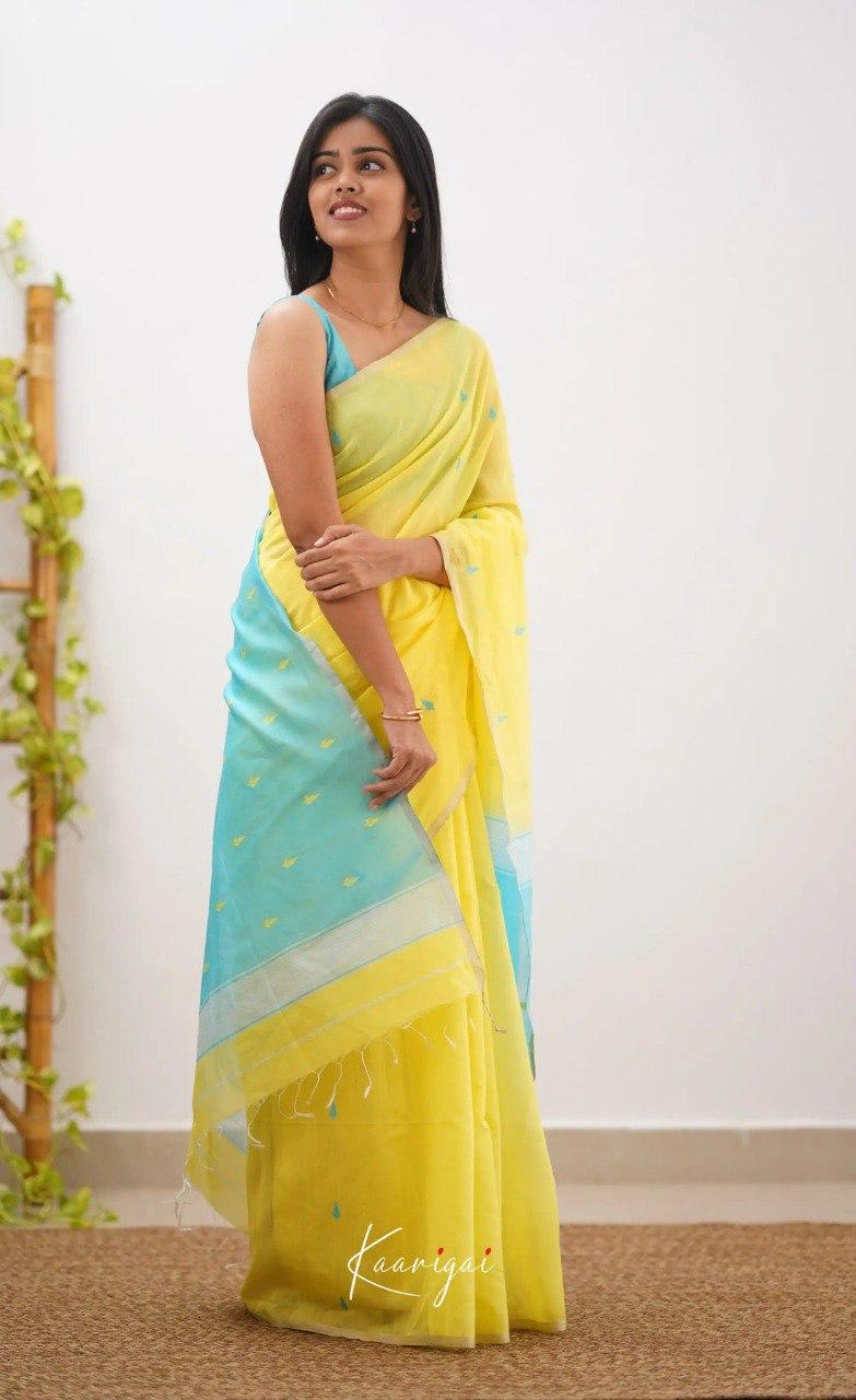 Bright Yellow Soft Cotton Saree With Contrast Sky Blue Border