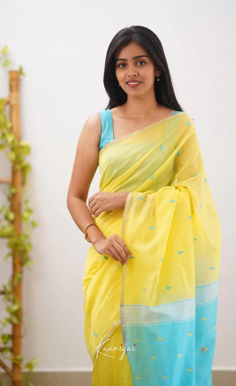 Bright Yellow Soft Cotton Saree With Contrast Sky Blue Border