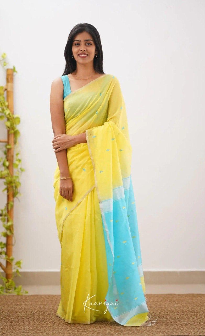Bright Yellow Soft Cotton Saree With Contrast Sky Blue Border