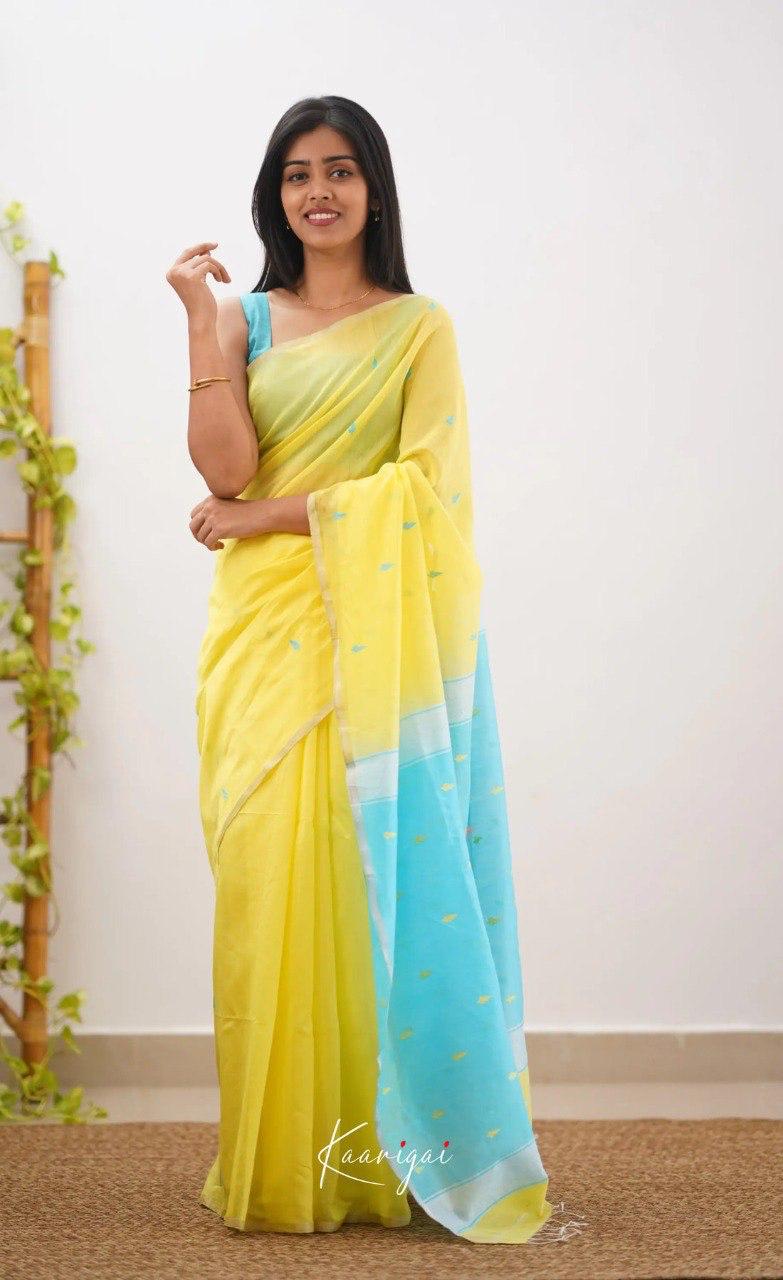 Bright Yellow Soft Cotton Saree With Contrast Sky Blue Border