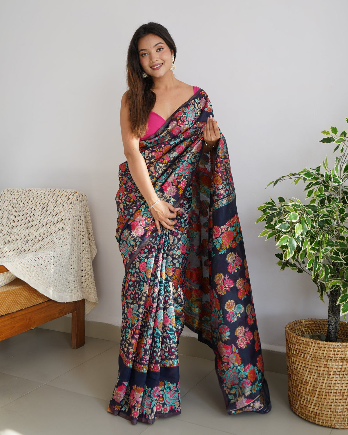 Navy Blue - Colored Floral Print Pashmina Cotton Saree