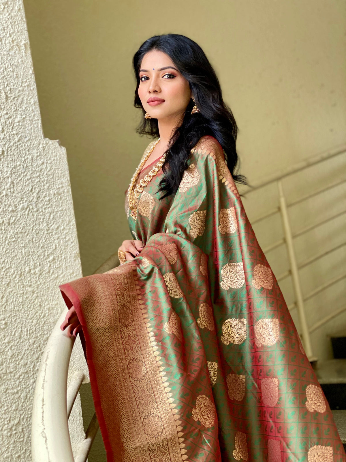Green Color Zari Golden Weaving Rich Sare
