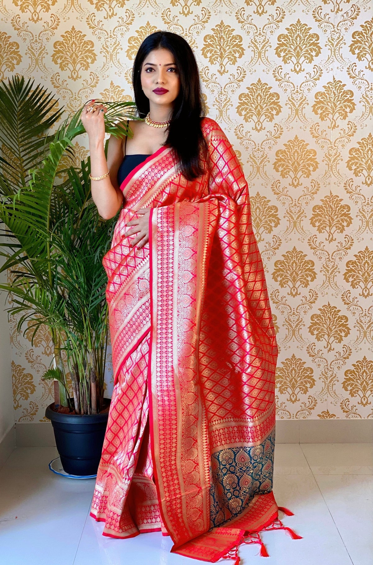 Coral Pink Color Zari Golden Weaving Rich Saree
