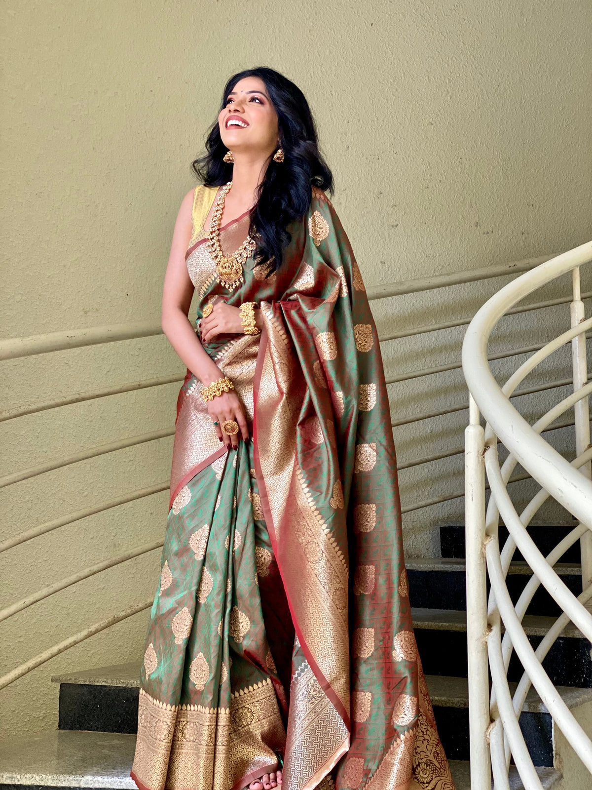 Green Color Zari Golden Weaving Rich Sare