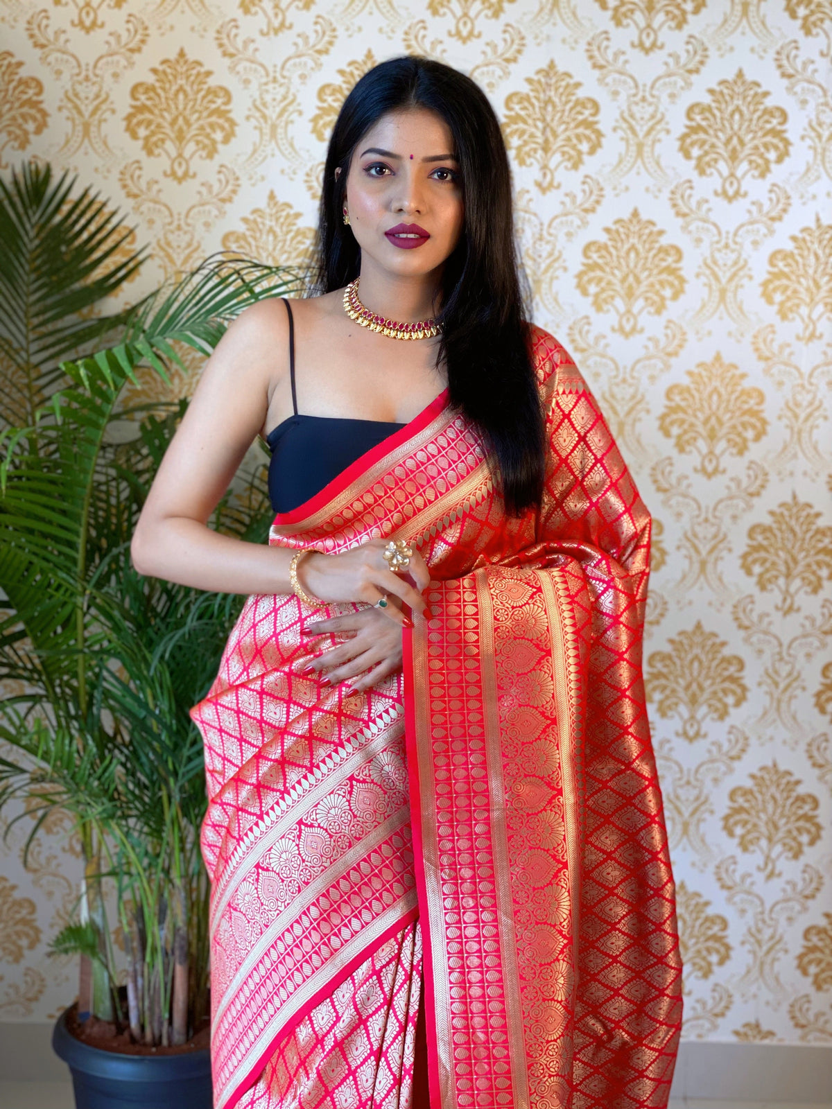 Coral Pink Color Zari Golden Weaving Rich Saree