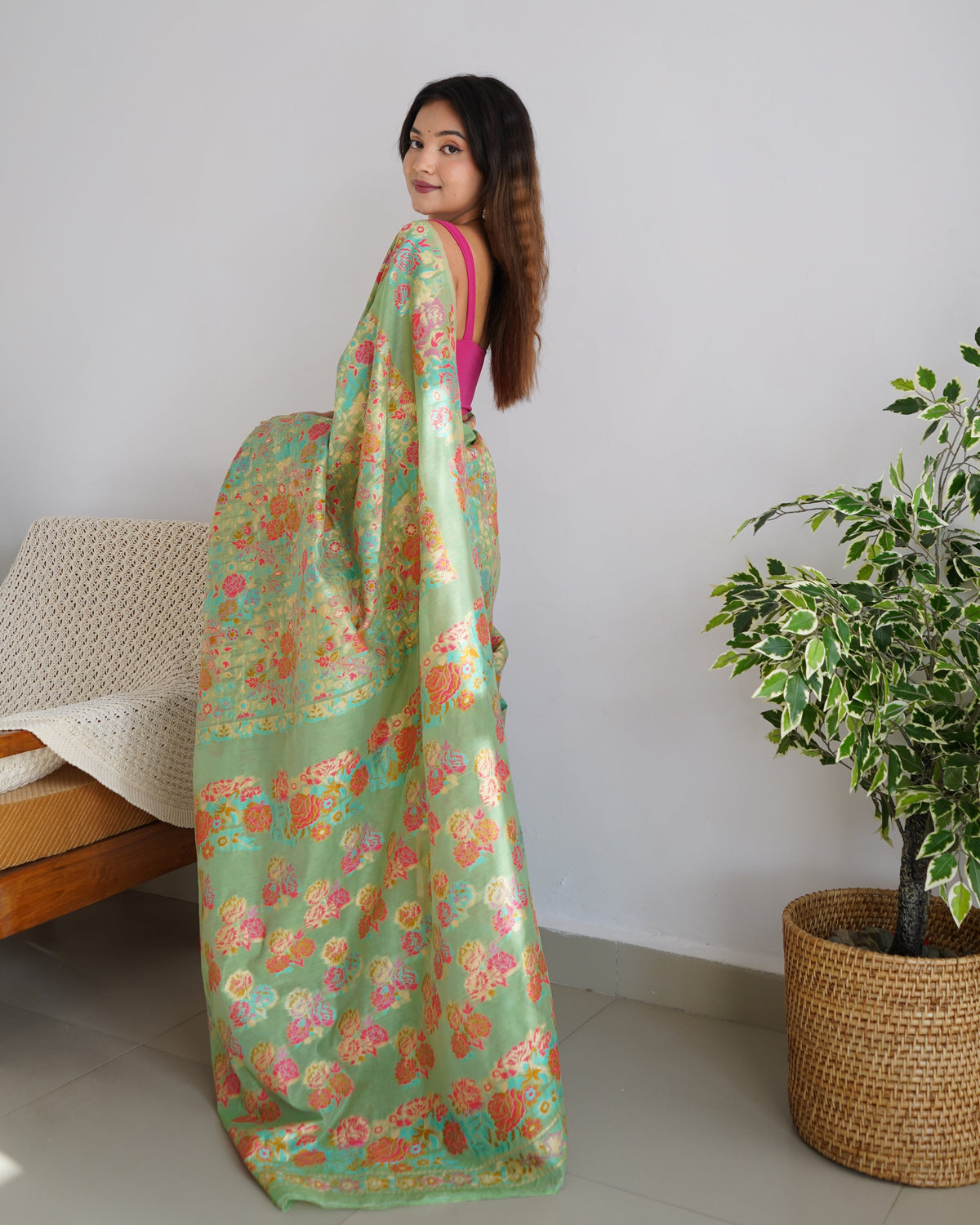 Pastel Green - Colored Floral Print Pashmina Cotton Saree