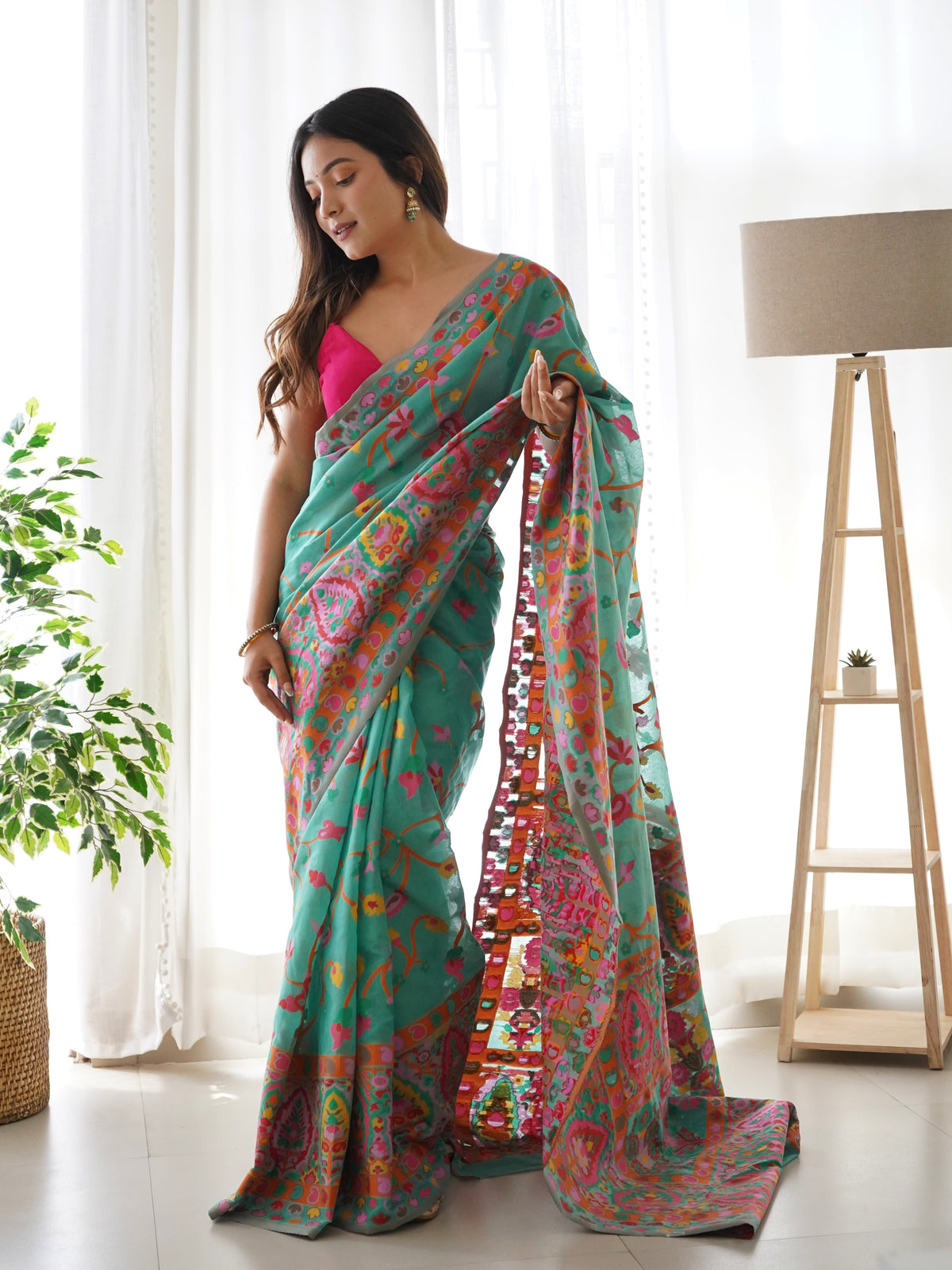 Turquoise Blue-Colored Floral Print Pashmina Cotton Saree