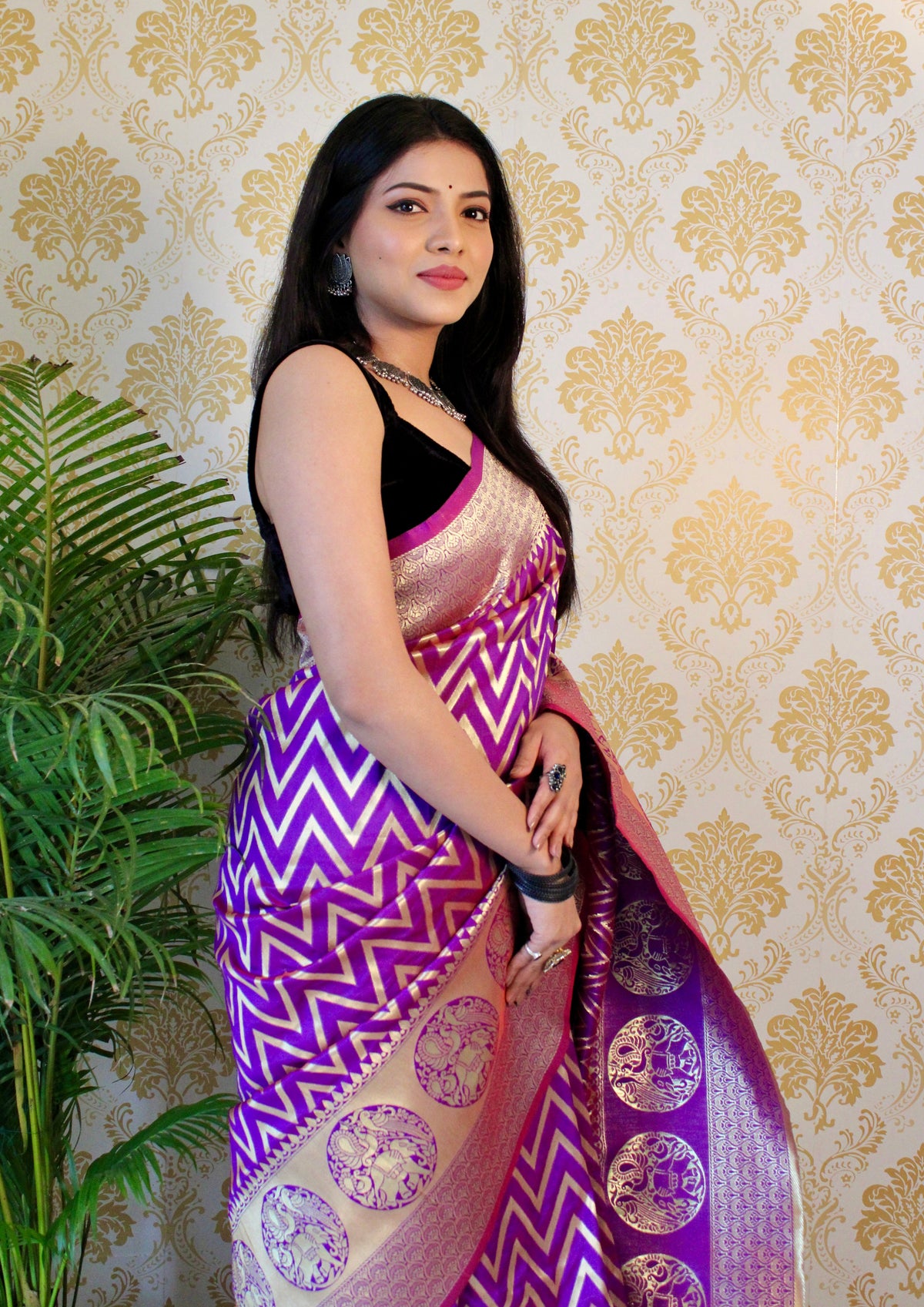 Purple Color Zari Golden Weaving Rich Saree