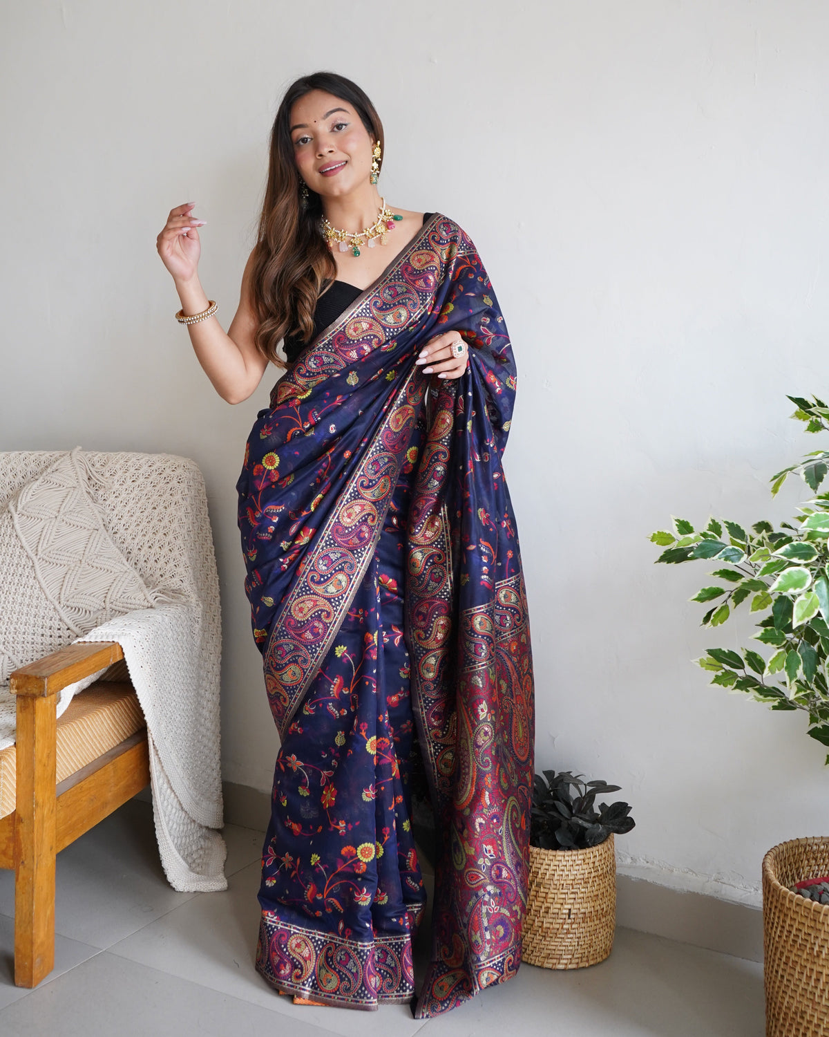 Navy Blue - Colored Floral Print Pashmina Cotton Saree