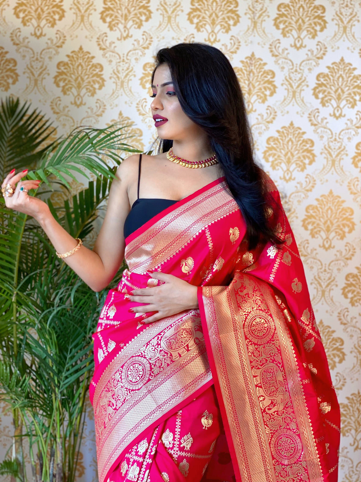 Pink Color Zari Golden Weaving Rich Saree