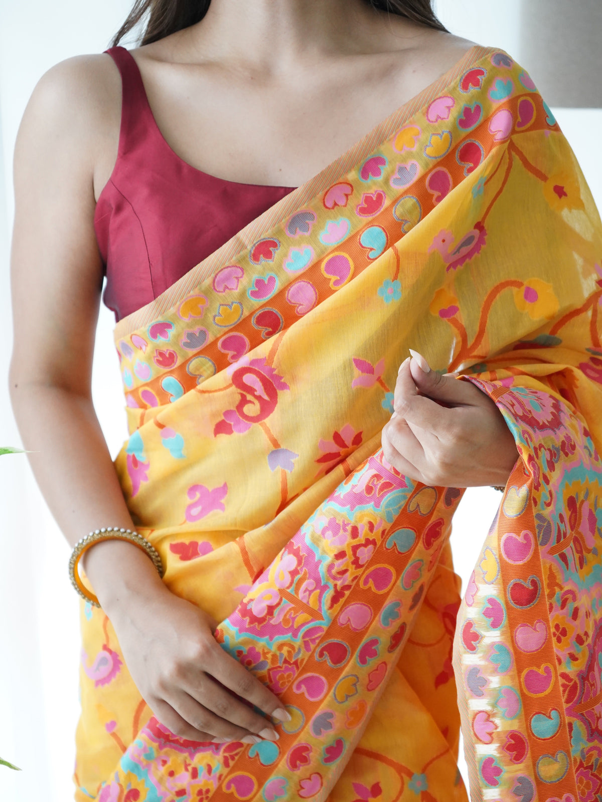 Mustard Yellow-Colored Floral Print Pashmina Cotton Saree