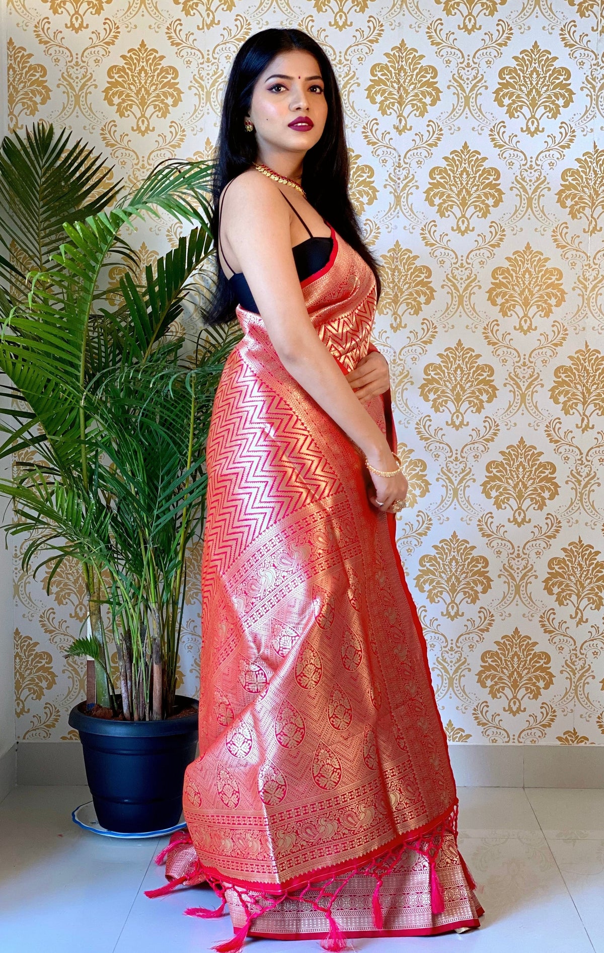 Red Color Zari Golden Weaving Rich Saree