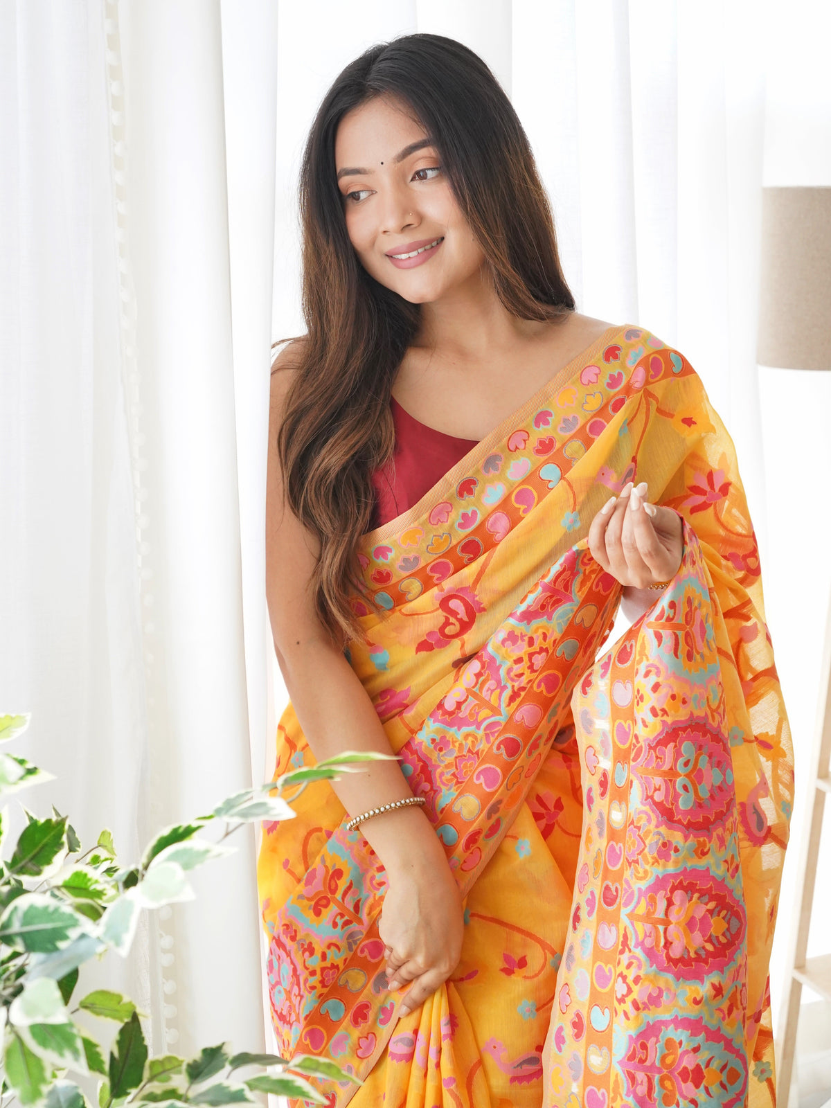 Mustard Yellow-Colored Floral Print Pashmina Cotton Saree