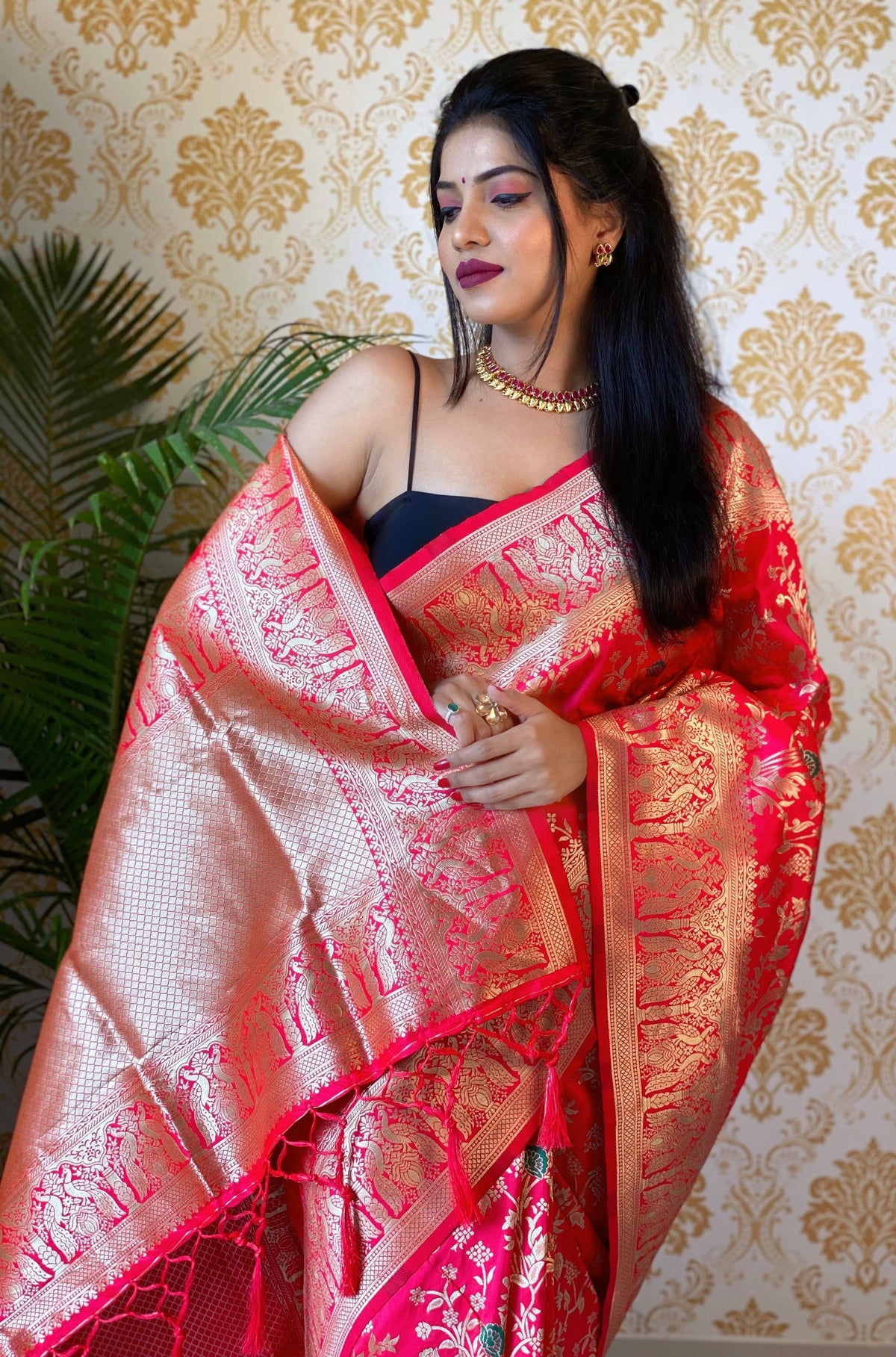 Pink Color Zari Golden Weaving Rich Saree