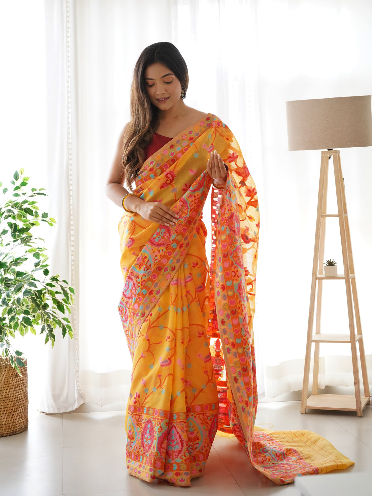 Mustard Yellow-Colored Floral Print Pashmina Cotton Saree