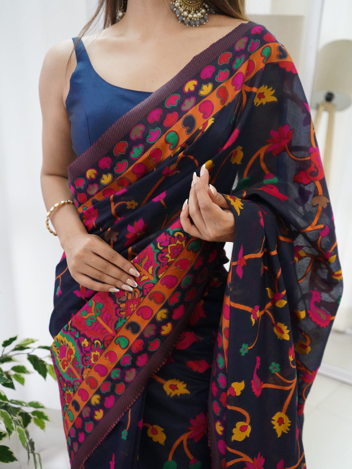 Navy Blue -Colored Floral Print Pashmina Cotton Saree