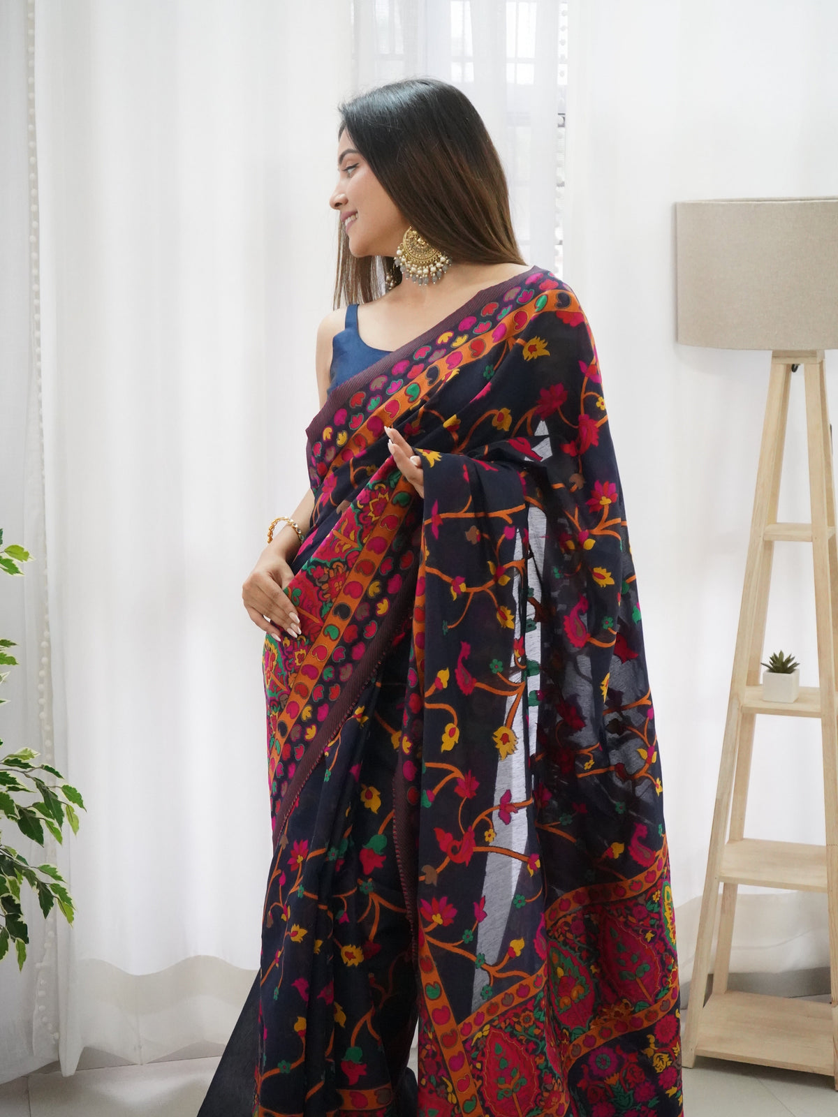 Navy Blue -Colored Floral Print Pashmina Cotton Saree