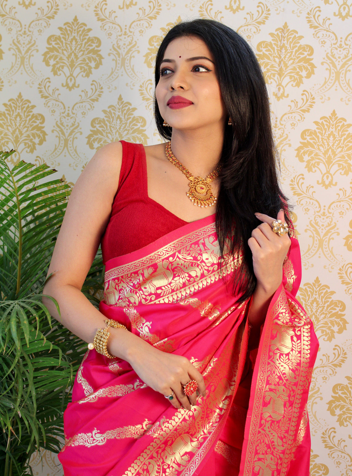 Pink color Zari Golden Weaving Rich Saree