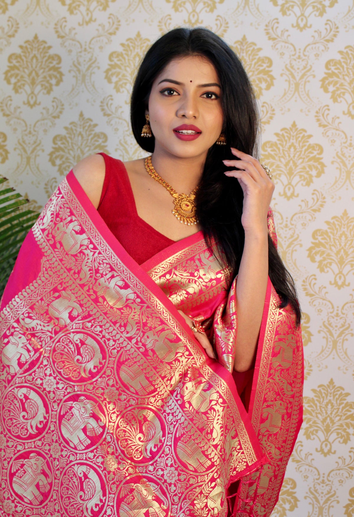 Pink color Zari Golden Weaving Rich Saree