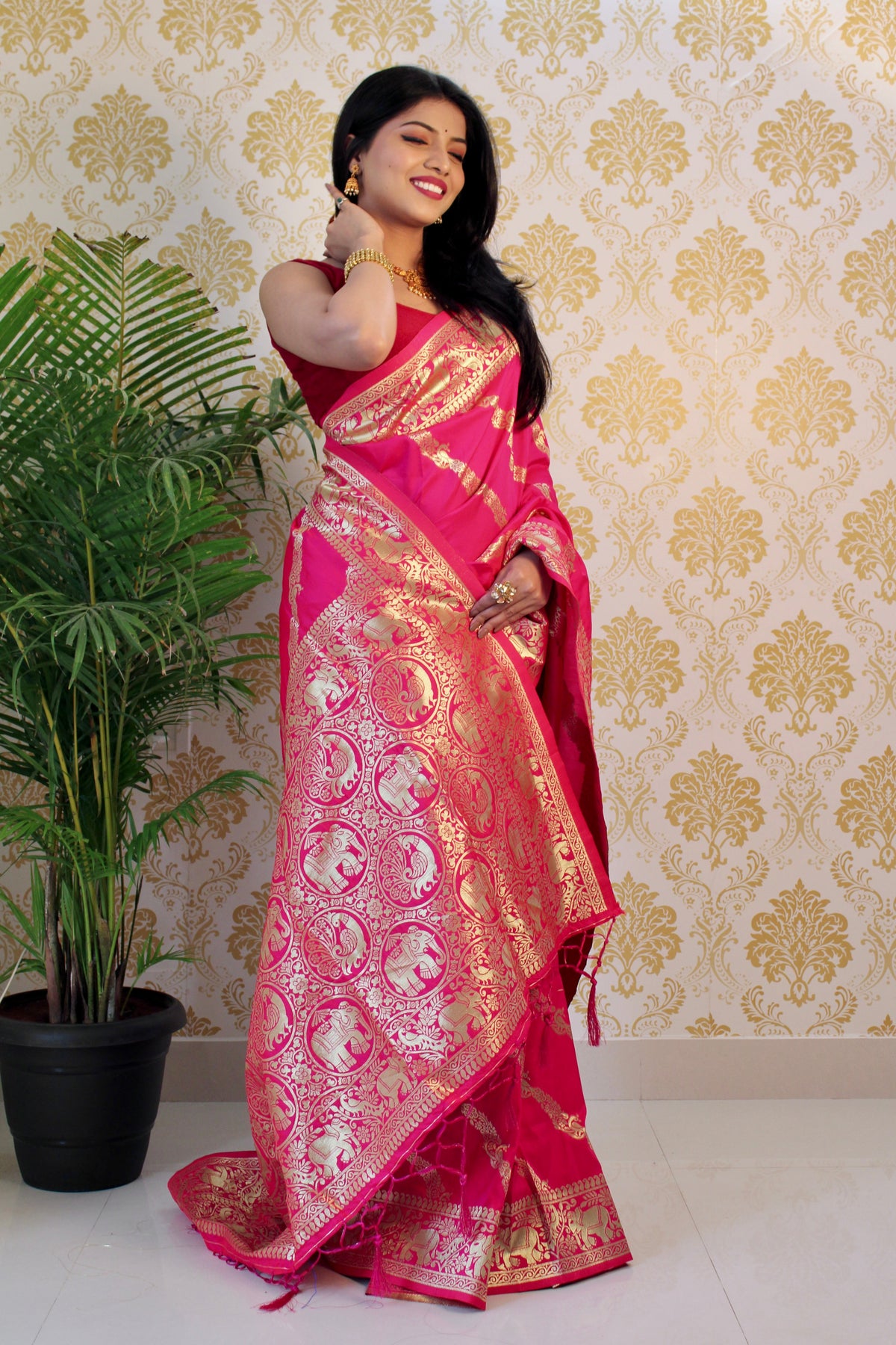 Pink color Zari Golden Weaving Rich Saree