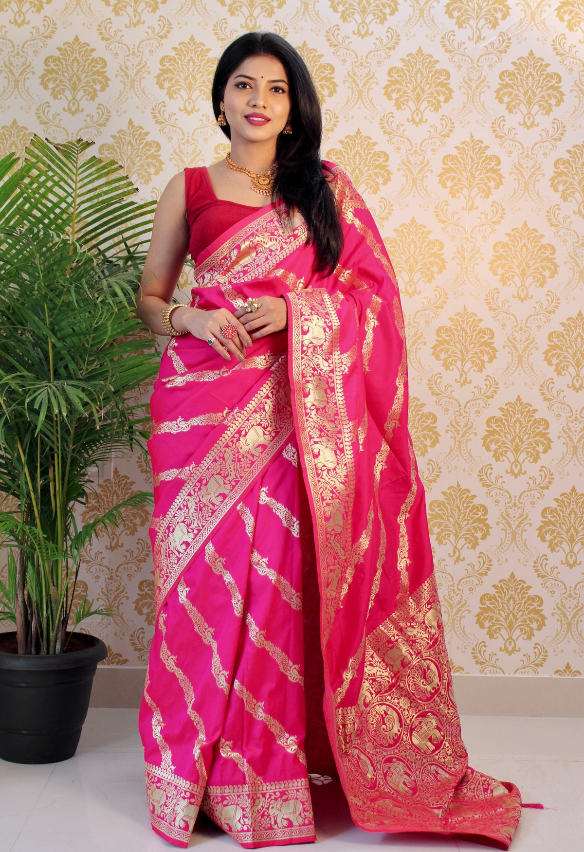 Pink color Zari Golden Weaving Rich Saree