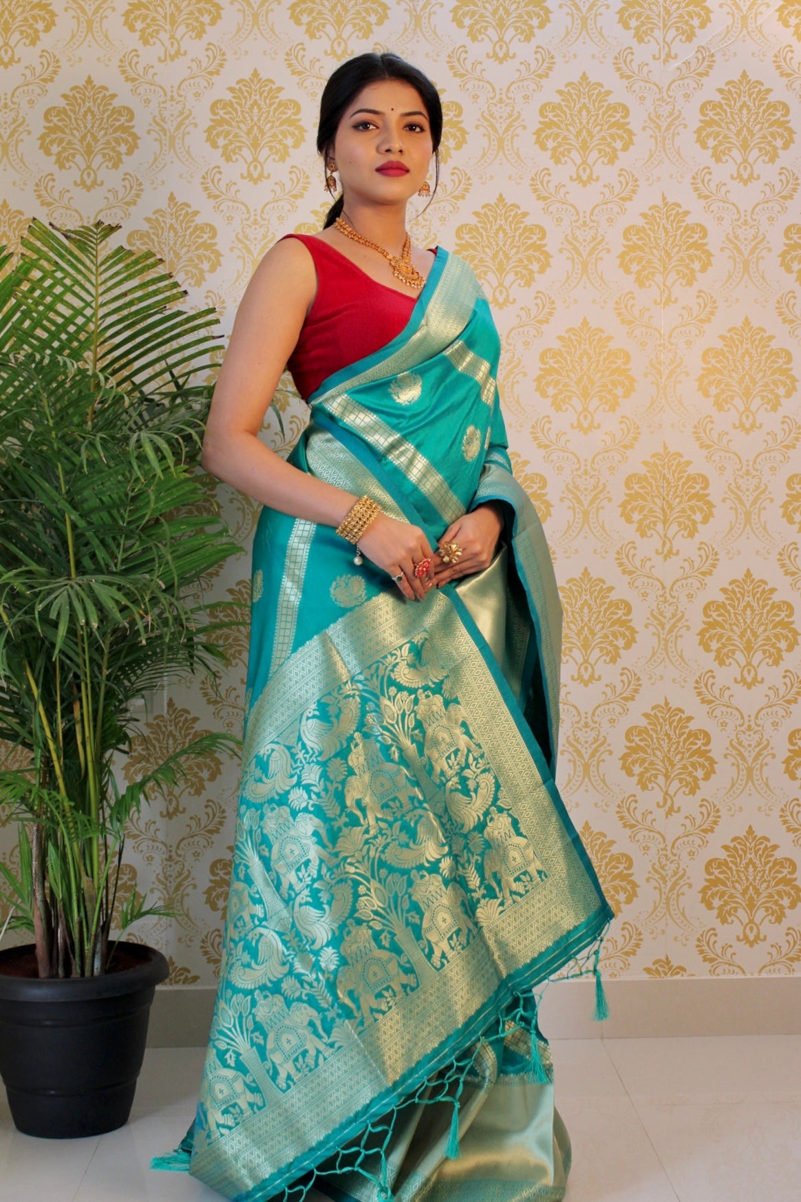 Turquoise Color Zari Golden Weaving Rich Saree