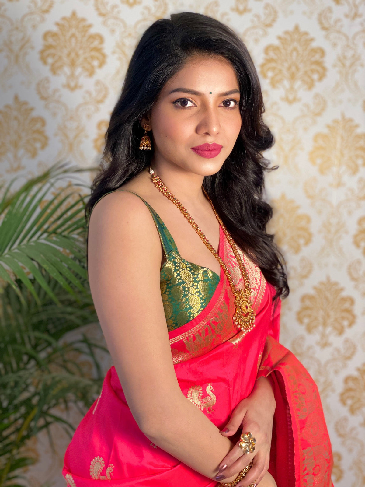 Coral Pink Color Zari Golden Weaving Rich Saree