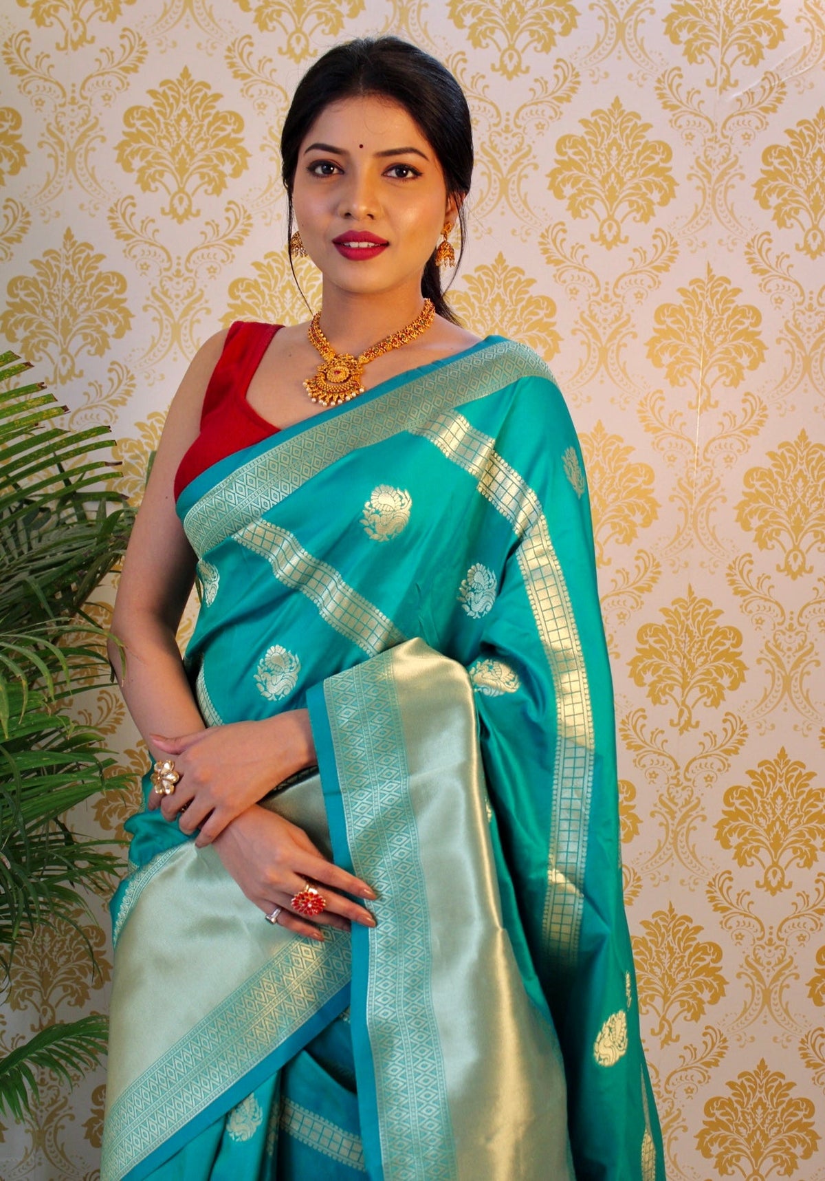 Turquoise Color Zari Golden Weaving Rich Saree