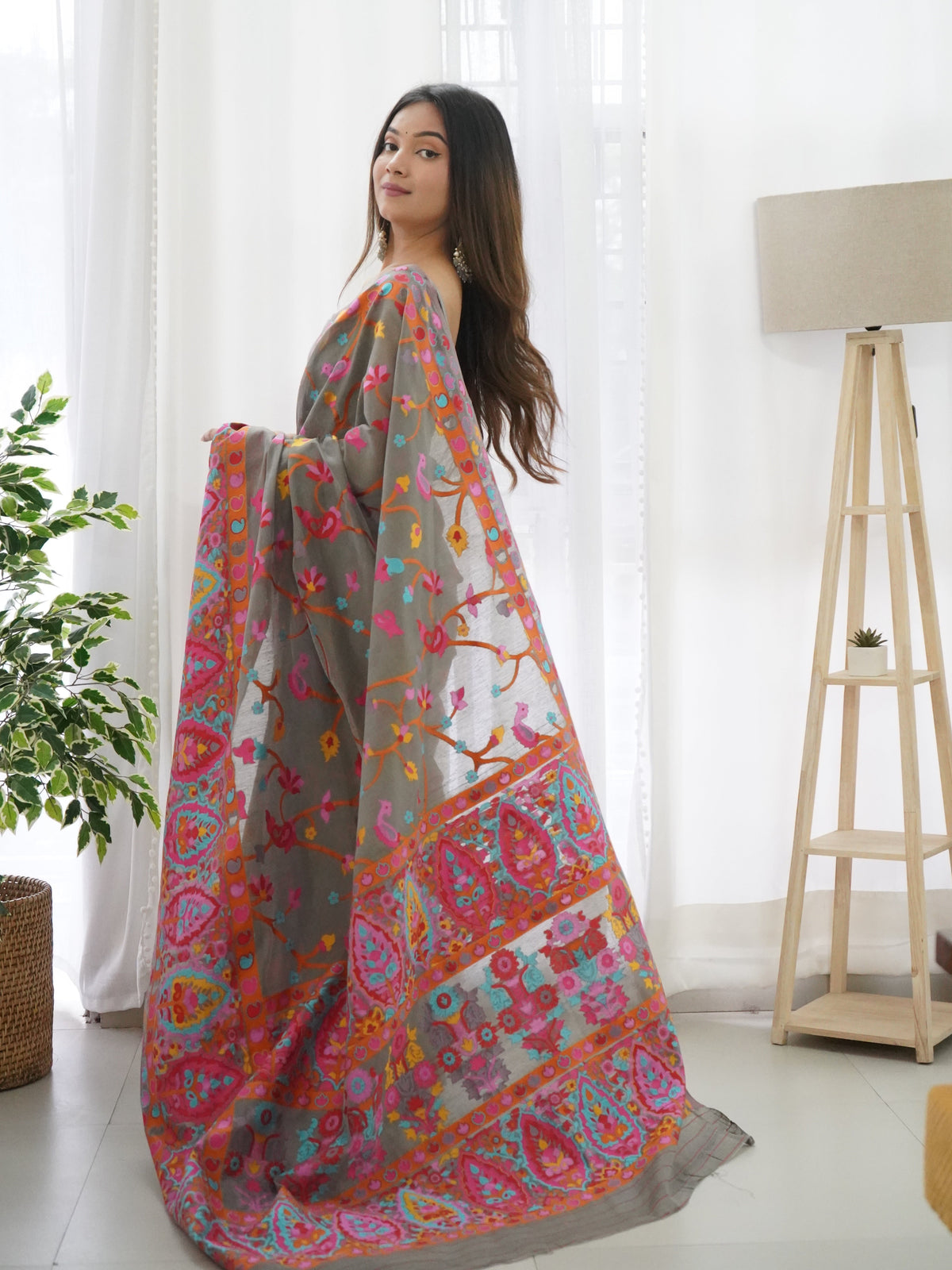 Grey-Colored Floral Print Pashmina Cotton Saree