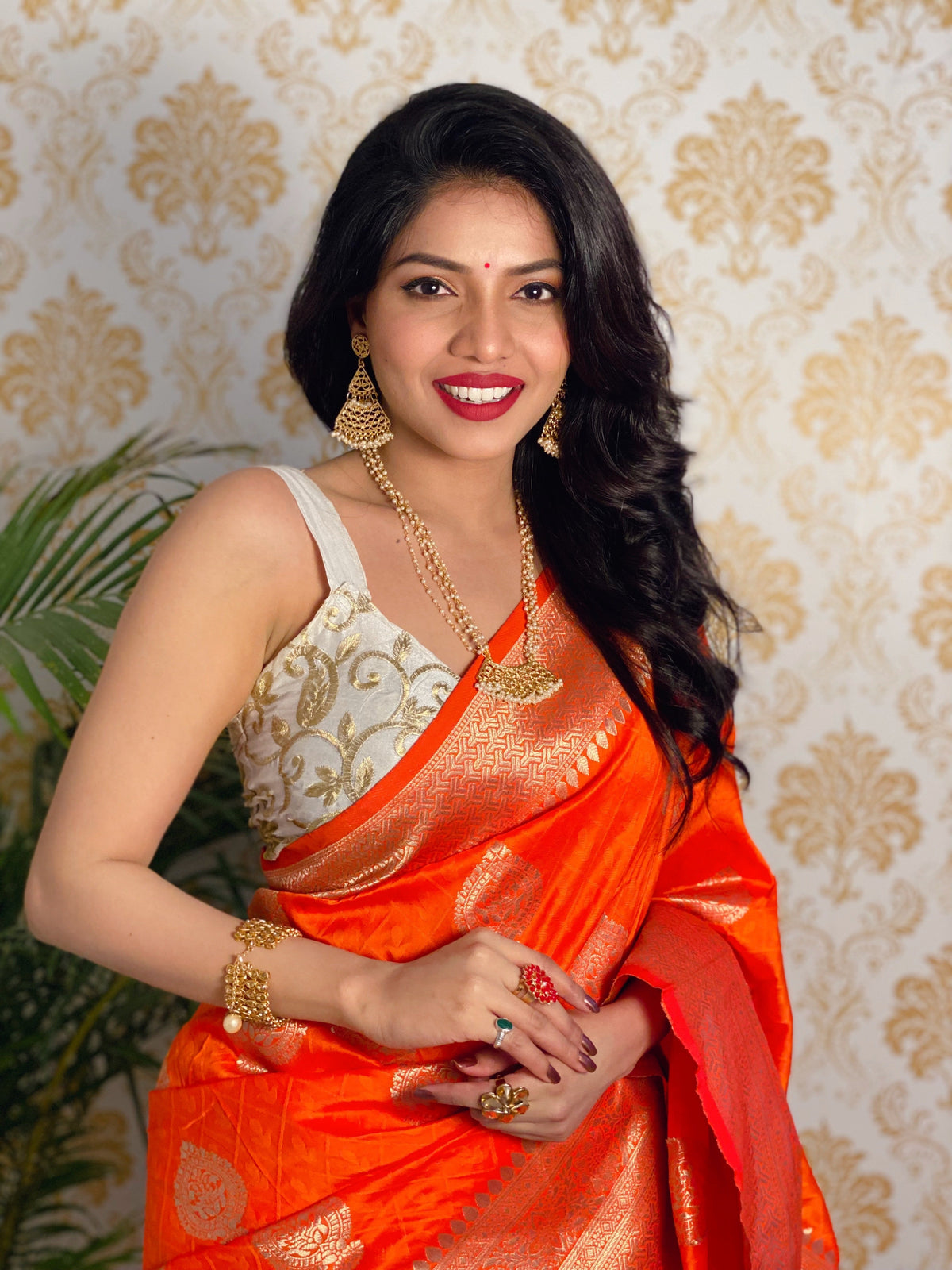 Orange Zari Golden Weaving Rich Saree