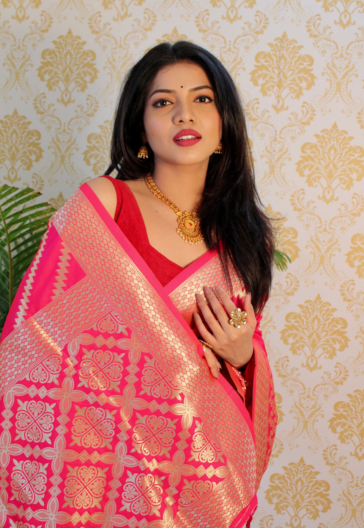 Pink color Zari Golden Weaving Rich Saree