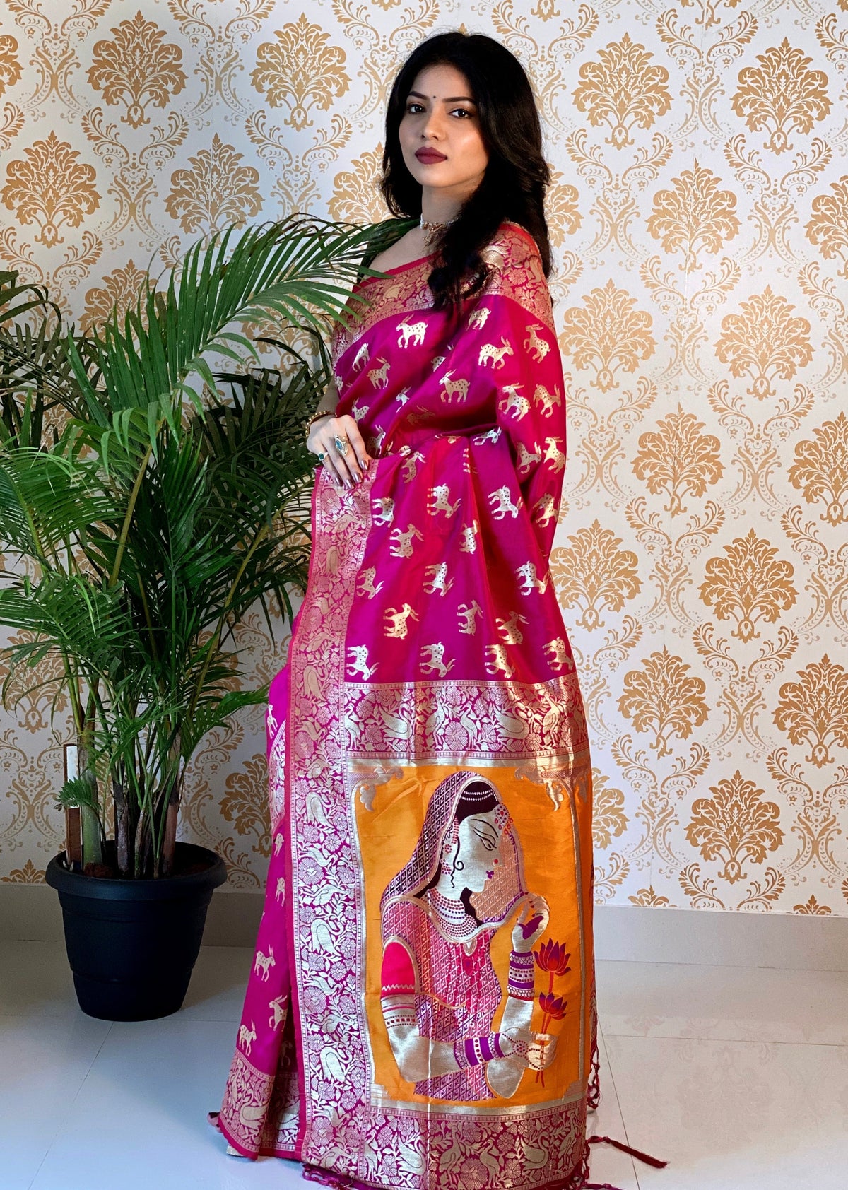Pink Pure Zari Golden Weaving Rich Saree
