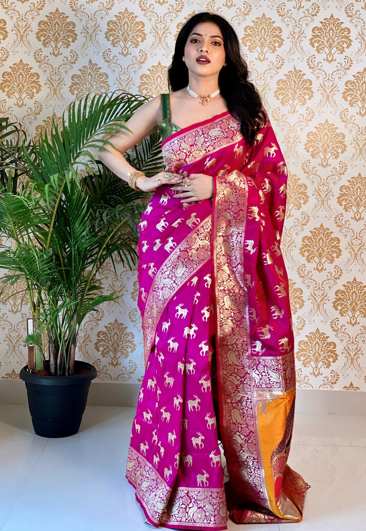 Pink Pure Zari Golden Weaving Rich Saree