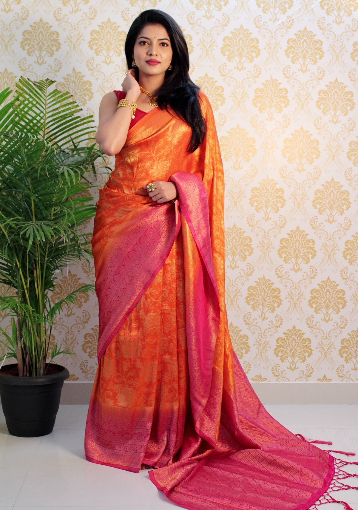 Orange and Pink color Zari Golden Weaving Rich Saree