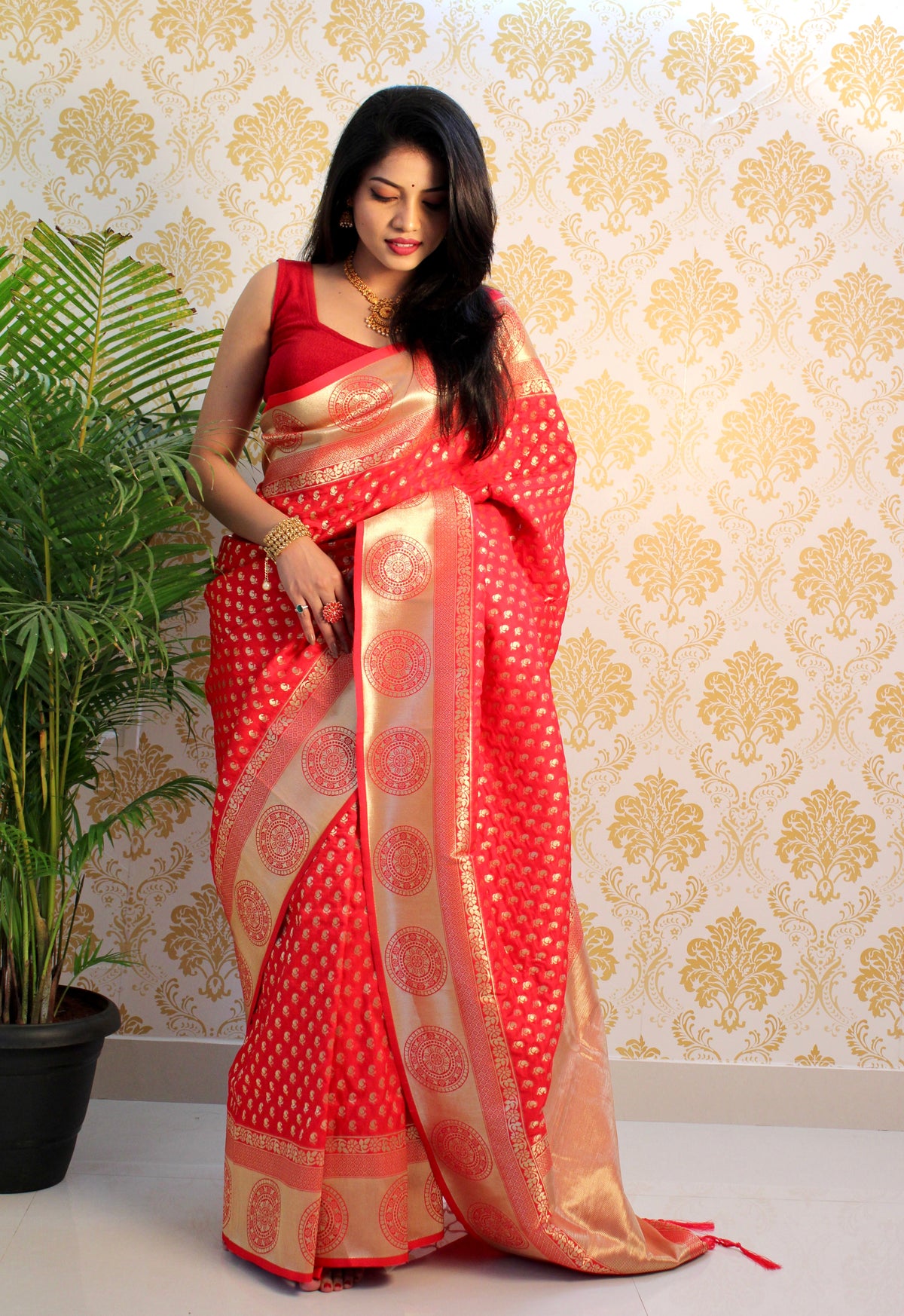 Coral Pink Color Zari Golden Weaving Rich Saree