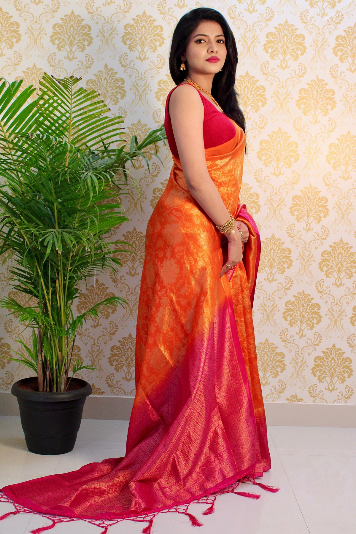 Orange and Pink color Zari Golden Weaving Rich Saree