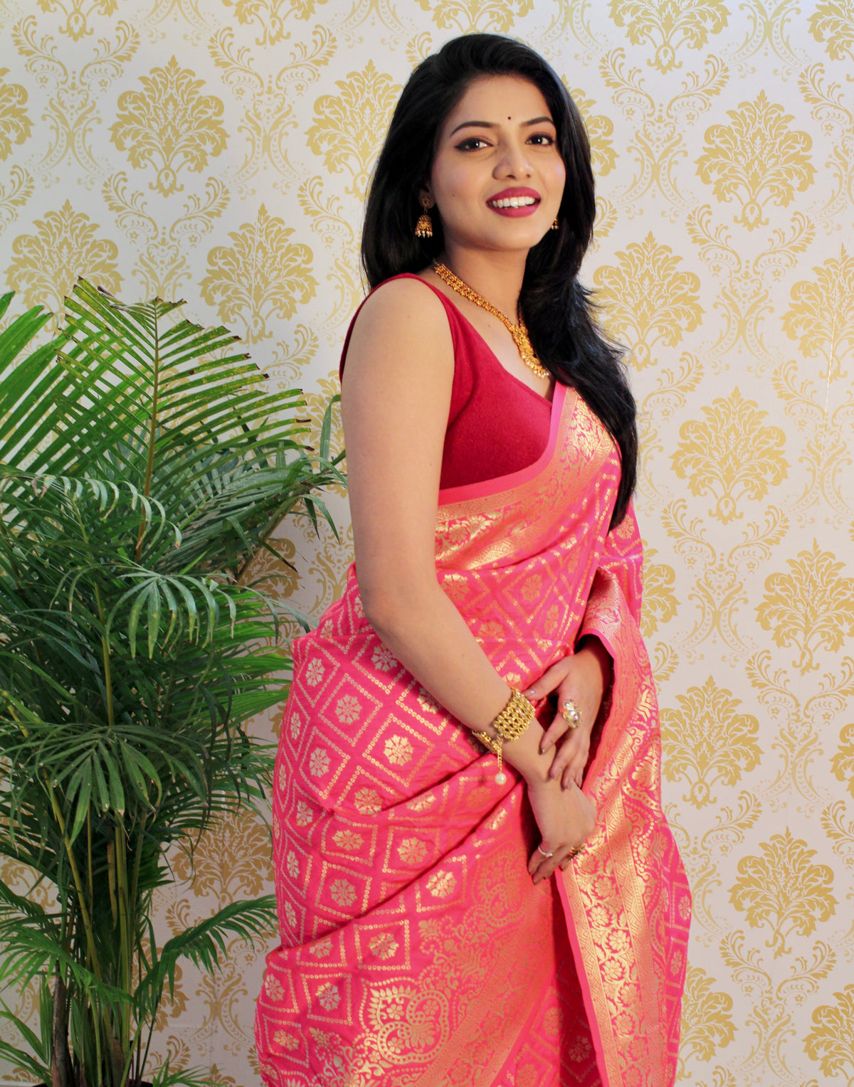 Pink Color Zari Golden Weaving Rich Saree