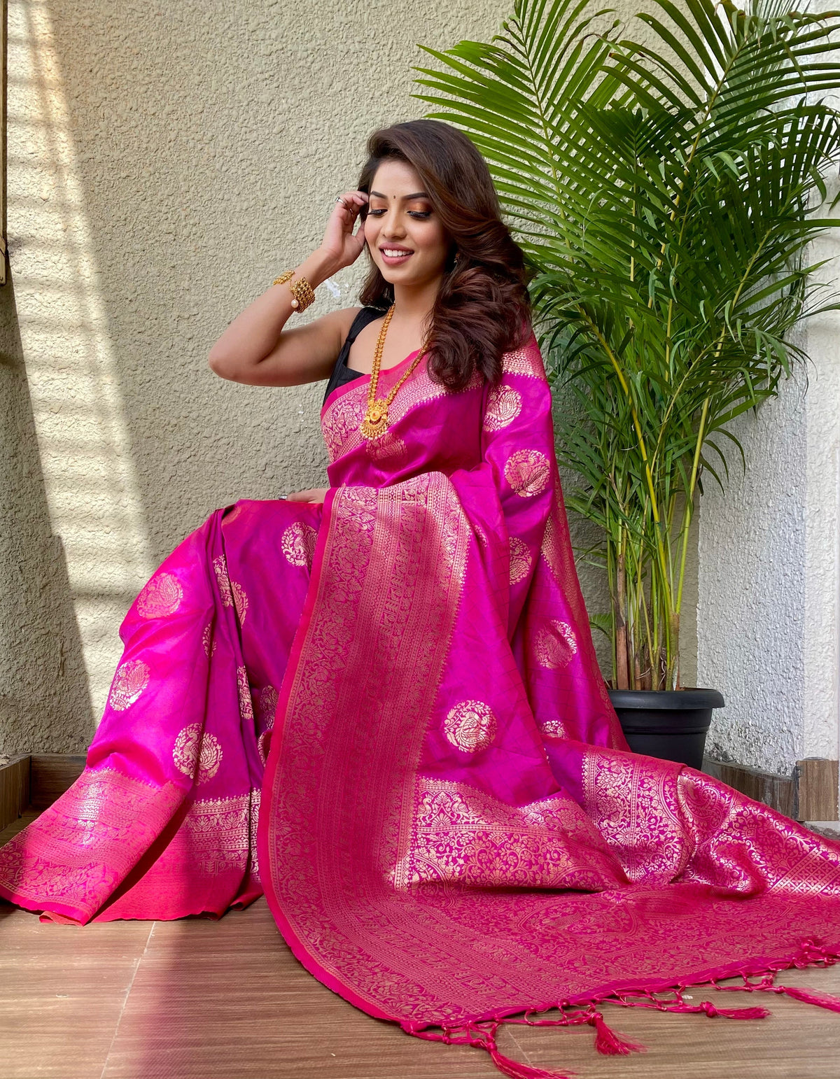Pink color Zari Golden Weaving Rich Saree
