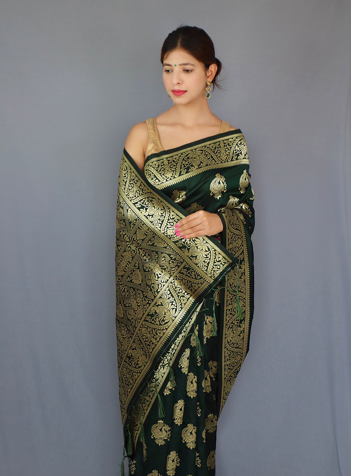 Bottle Green Color Zari Golden Weaving Rich Saree