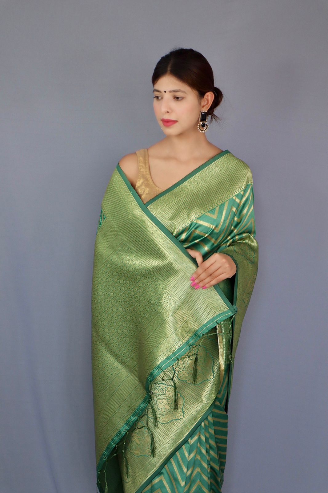 Pastel Green Color Zari Golden Weaving Rich Saree