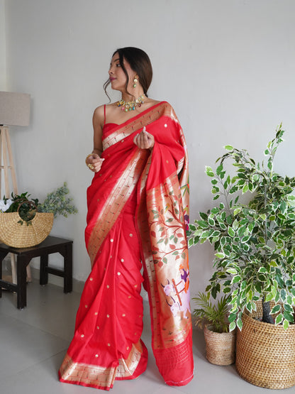 Pink and Red Color Zari Golden Weaving Rich Saree
