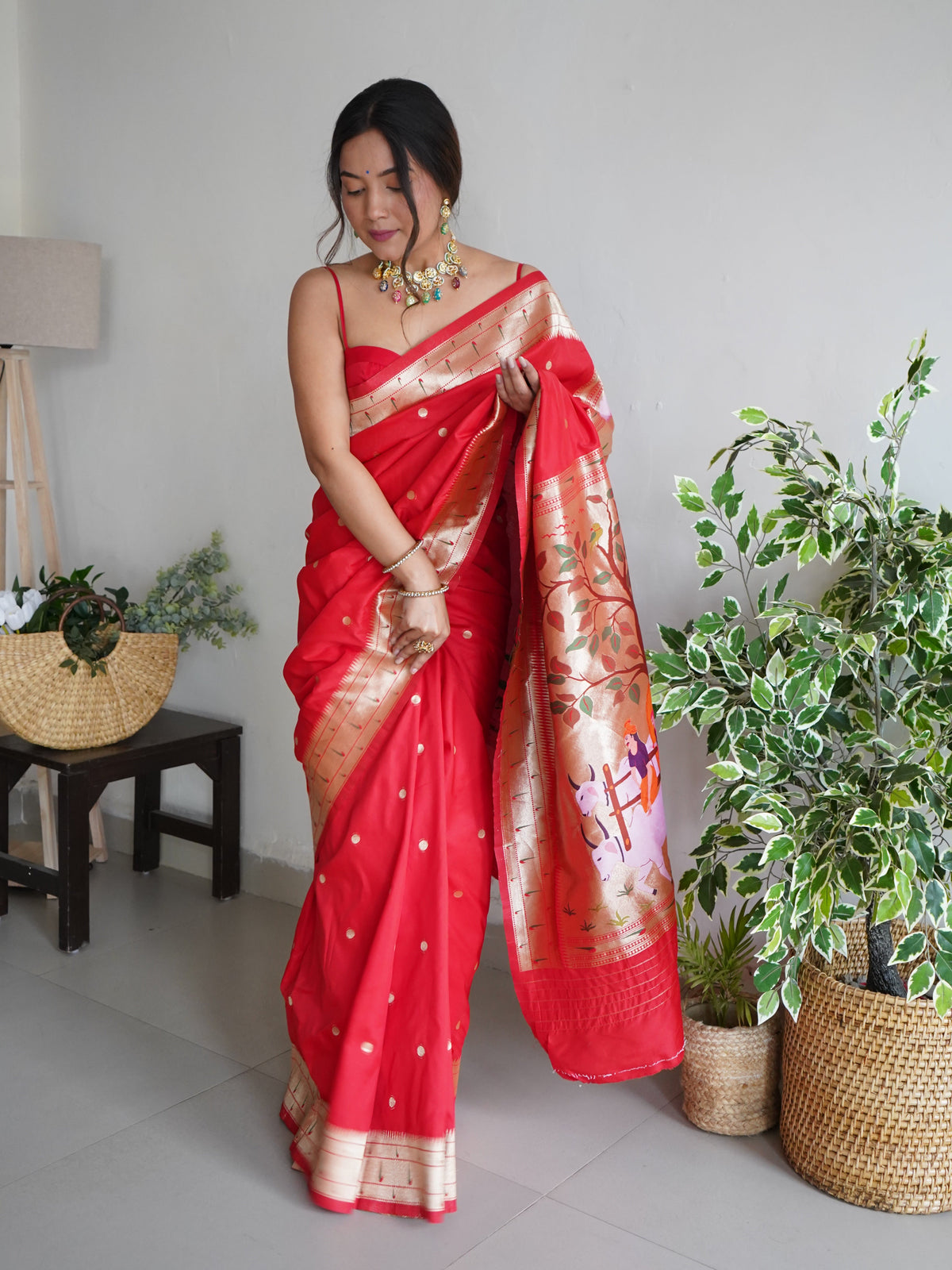 Pink and Red Color Zari Golden Weaving Rich Saree